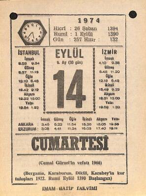 14 Eylül 1974 Takvim Yaprağı - Doğum Günü Hediyesi EFM(N)12343 - 1