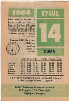 14 Eylül 1984 Takvim Yaprağı EFM(N)2784 - 3