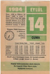 14 Eylül 1984 Takvim Yaprağı EFM(N)2784 - 2