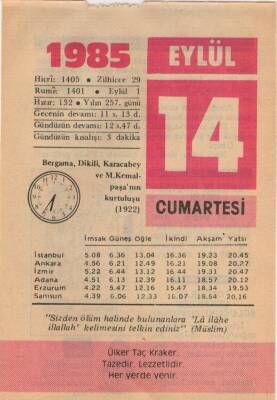 14 Eylül 1985 Takvim Yaprağı EFM(N)2818 - 1