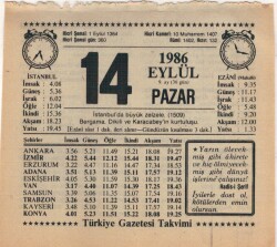 14 Eylül 1986 Takvim Yaprağı EFM(N)2835 - 4