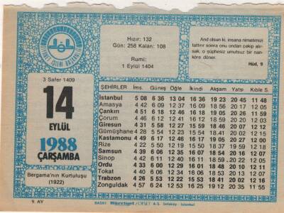 14 Eylül 1988 Takvim Yaprağı EFM(N)2903 - 3