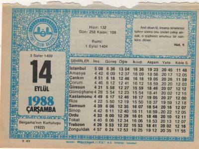 14 Eylül 1988 Takvim Yaprağı EFM(N)2903 - 1