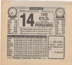 14 Eylül 1989 Takvim Yaprağı EFM(N)2852 - 4