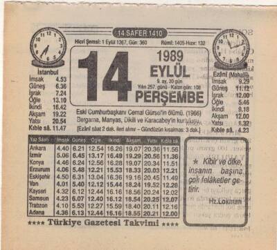 14 Eylül 1989 Takvim Yaprağı EFM(N)2852 - 4