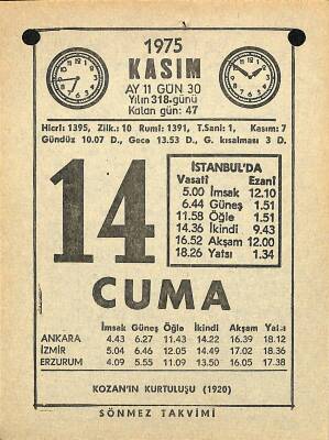 14 Kasım 1975 Takvim Yaprağı - Doğum Günü Hediyesi EFM(N)12587 - 1