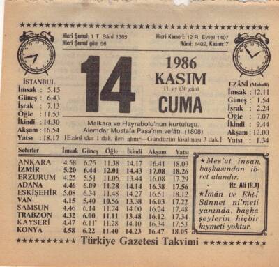 14 Kasım 1986 Takvim Yaprağı EFM(N)3414 - 3