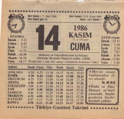 14 Kasım 1986 Takvim Yaprağı EFM(N)3414 - 2