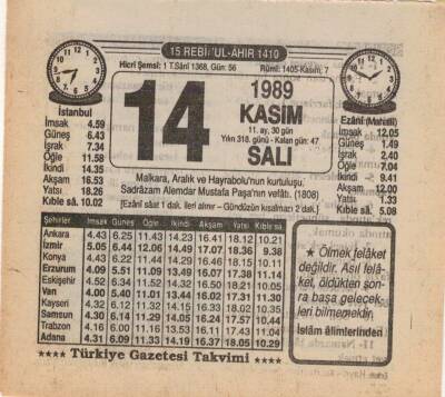 14 Kasım 1989 Takvim Yaprağı EFM(N)3474 - 3