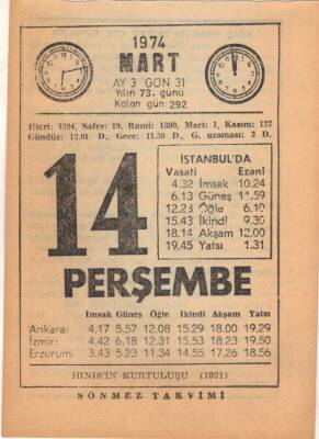 14 Mart 1974 Takvim Yaprağı EFM(N)5893 - 2