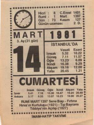 14 Mart 1981 Takvim Yaprağı EFM(N)6016 - 3