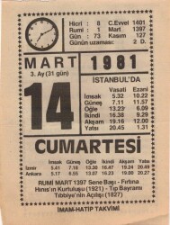 14 Mart 1981 Takvim Yaprağı EFM(N)6016 - 1