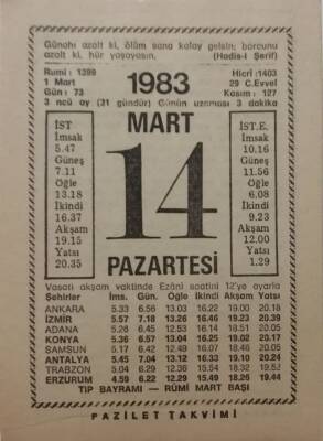 14 Mart 1983 Takvim Yaprağı - Doğum Günü Hediyesi EFM(N)7928 - 2