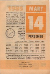 14 Mart 1985 Takvim Yaprağı EFM(N)6108 - 2