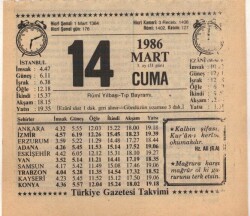 14 Mart 1986 Takvim Yaprağı EFM(N)5924 - 3