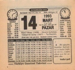 14 Mart 1993 Takvim Yaprağı EFM(N)6046 - 3