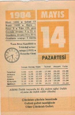 14 Mayıs 1984 Takvim Yaprağı EFM(N)6223 - 1