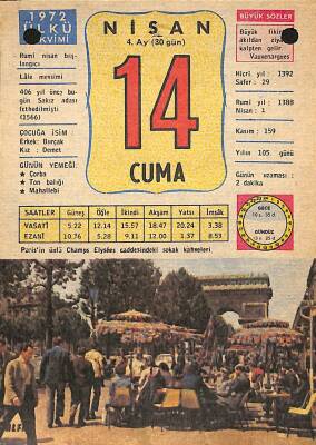 14 Nisan 1972 Takvim Yaprağı - Doğum Günü Hediyesi EFM(N)12188 - 1