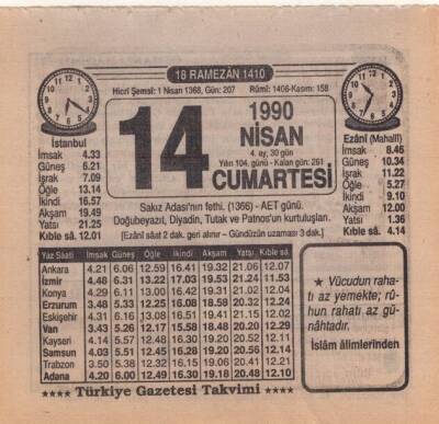 14 Nisan 1990 Takvim Yaprağı EFM(N)6167 - 1