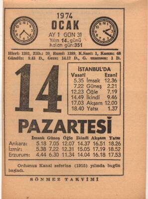 14 Ocak 1974 Takvim Yaprağı EFM(N)4877 - 1