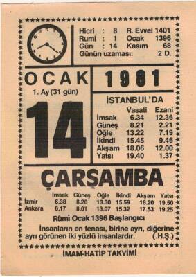 14 Ocak 1981 Takvim Yaprağı EFM(N)4660 - 1