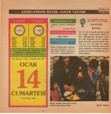 14 Ocak 1984 Takvim Yaprağı EFM(N)4629 - 1