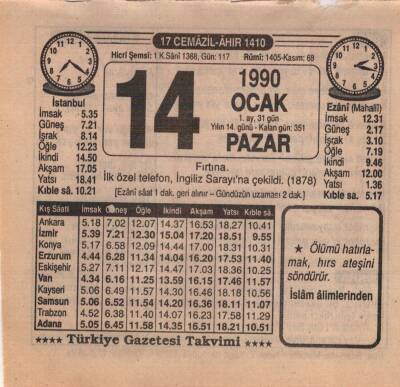 14 Ocak 1990 Takvim Yaprağı EFM(N)4691 - 1