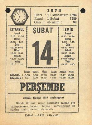 14 Şubat 1974 Takvim Yaprağı - Doğum Günü Hediyesi EFM(N)12273 - 1