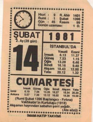 14 Şubat 1981 Takvim Yaprağı EFM(N)5422 - 1