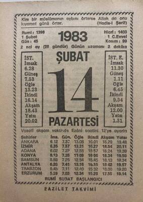 14 Şubat 1983 Takvim Yaprağı - Doğum Günü Hediyesi EFM(N)7811 - 1