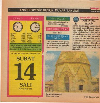 14 Şubat 1984 Takvim Yaprağı EFM(N)5168 - 1