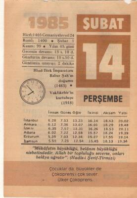 14 Şubat 1985 Takvim Yaprağı EFM(N)5140 - 1