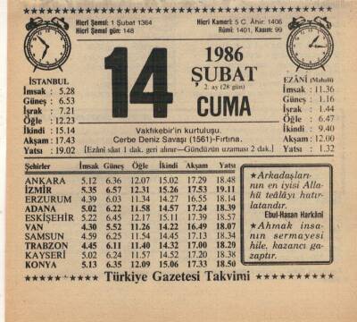 14 Şubat 1986 Takvim Yaprağı EFM(N)5225 - 1