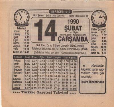 14 Şubat 1990 Takvim Yaprağı EFM(N)5197 - 1