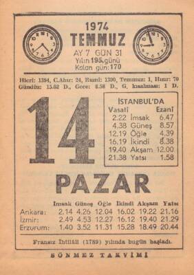 14 Temmuz 1974 Takvim Yaprağı EFM(N)1994 - 2