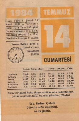 14 Temmuz 1984 Takvim Yaprağı EFM(N)1997 - 3