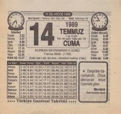 14 Temmuz 1989 Takvim Yaprağı EFM(N)2001 - 3