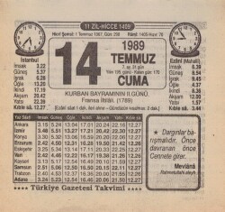 14 Temmuz 1989 Takvim Yaprağı EFM(N)2001 - 2