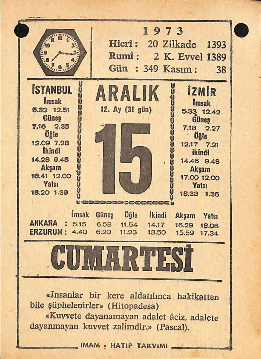 15 Aralık 1973 Takvim Yaprağı - Doğum Günü Hediyesi EFMN13672 - 1