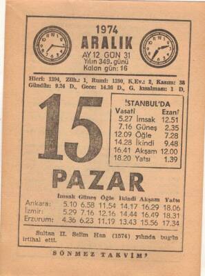 15 Aralık 1974 Takvim Yaprağı EFM(N)4297 - 3