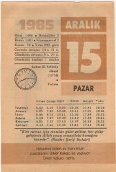 15 Aralık 1985 Takvim Yaprağı EFM(N)4112 - 3