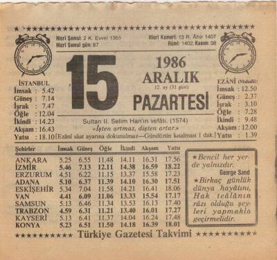 15 Aralık 1986 Takvim Yaprağı EFM(N)4327 - 3