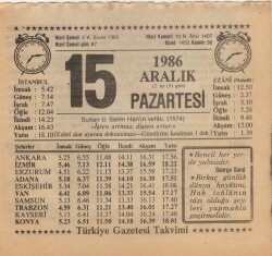 15 Aralık 1986 Takvim Yaprağı EFM(N)4327 - 2