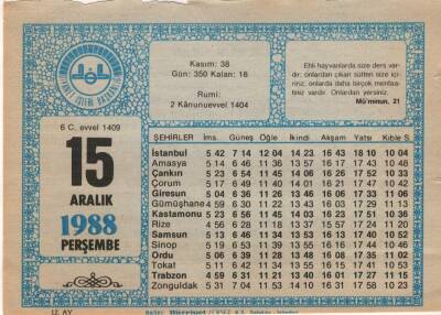 15 Aralık 1988 Takvim Yaprağı EFM(N)4481 - 3