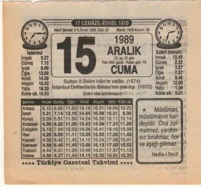 15 Aralık 1989 Takvim Yaprağı EFM(N)4205 - 3