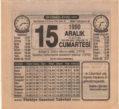 15 Aralık 1990 Takvim Yaprağı EFM(N)4143 - 3