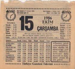 15 Ekim 1986 Takvim Yaprağı EFM(N)3078 - 3