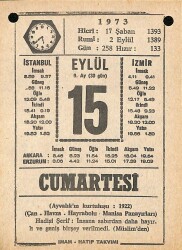 15 Eylül 1973 Takvim Yaprağı - Doğum Günü Hediyesi EFM(N)9861 - 2