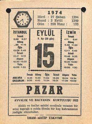 15 Eylül 1974 Takvim Yaprağı - Doğum Günü Hediyesi EFM(N)12344 - 1