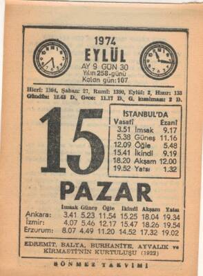 15 Eylül 1974 Takvim Yaprağı EFM(N)2802 - 3